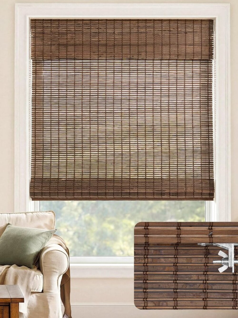 LazBlinds No Drill Bamboo Roman Shades, 31" W x 64" H, Malay Walnut